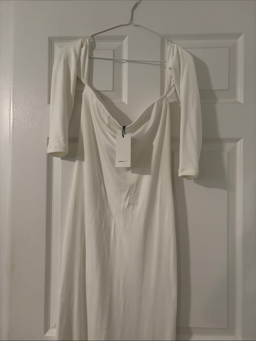 BUMPSUIT The Angelina Dress: Off-Shoulder Long Sleeve Midi Dress Ivory